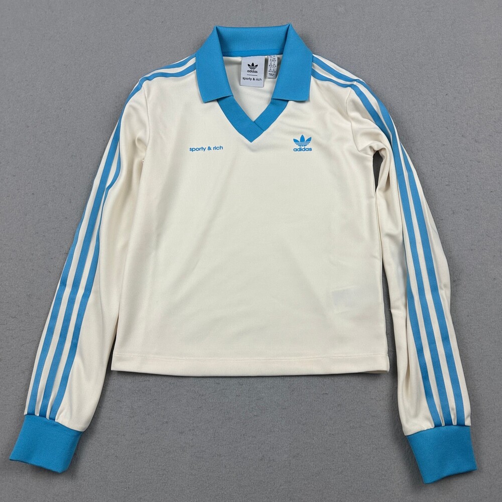 Adidas Shirt Women Extra Small White Blue Sporty & Rich V-Neck Pullover XS